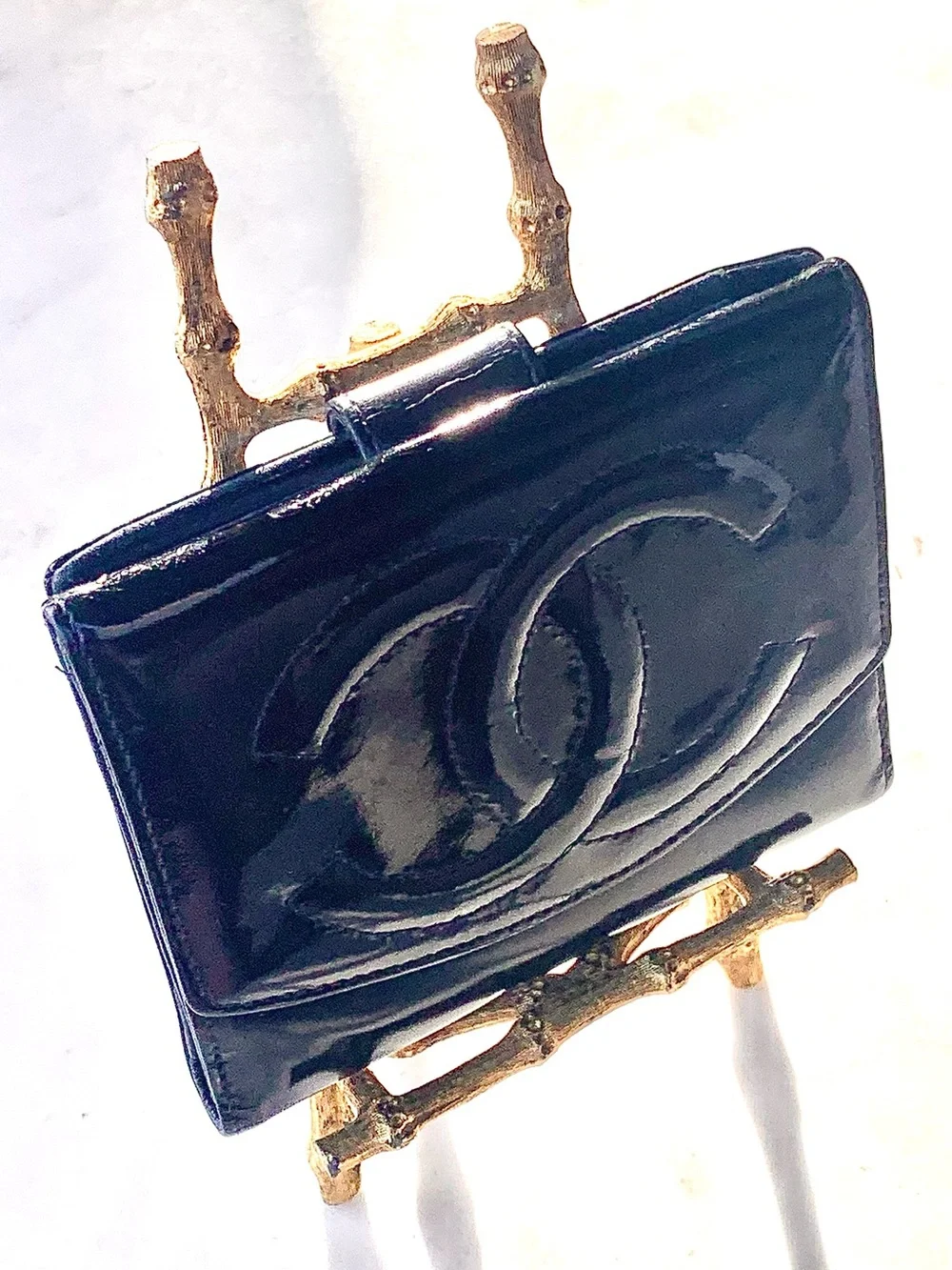 CHANEL Black Patent Leather Mini Bi-fold Wallet with CC Logo VINTAGE 1996